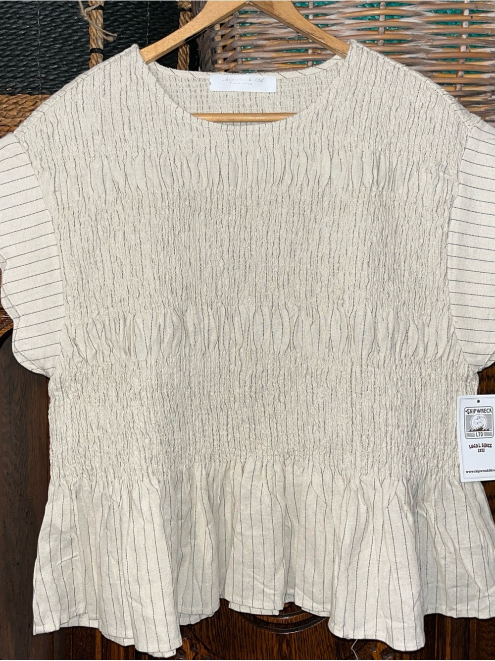 Shipwreck Ltd. Cream Smocked Peplum Blouse Subtle Stripes and scalloped sleeves